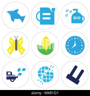 Set Of 9 simple editable icons such as Big Ecological Light Bulb, Broken Earth, Exhaust, Compass, Ear of Corn, Butterfly, Biodiesel, Oil Can, Dolphin  Stock Vector
