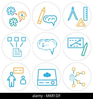 Set Of 9 simple editable icons such as Padlock, Server, Presentation, Brain, Network, Compass, Settings, can be used for mobile, web Stock Vector