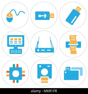 Set Of 9 simple editable icons such as Folder, Polaroid, Cpu, Printer, Wifi, Laptop, Memory card, Usb, Mouse, can be used for mobile, web Stock Vector