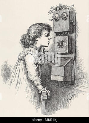 Girl with Old Fashioned Telephone Stock Photo
