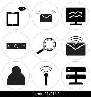 Set Of 9 simple editable icons such as Server, Wi-Fi, User, Mail, Search setting, Power off, Analytic on computer, Message phone, can be used for mobi Stock Vector