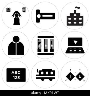 Set Of 9 simple editable icons such as Cube, School bus, Abc, Laptop, Lockers, Teacher, School, Sharpener, Student, can be used for mobile, web Stock Vector