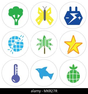 Set Of 9 simple editable icons such as Earth with Leaf, Dolphin Jumping, Low Temperature, Star, Two Palm Trees, Broken Earth, Big Car Battery, Butterf Stock Vector