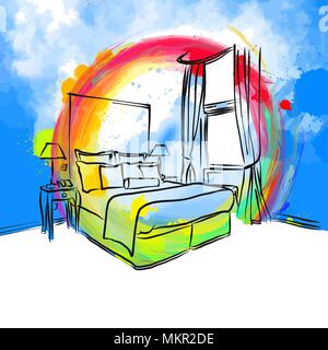 colorful bedroom hotel drawing concept, hand-drawn vector illustration Stock Vector