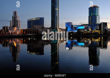 Center of Yekaterinburg at dusk with reflection of lights in the city pond 4896 x 3264 300dpi Stock Photo