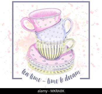 Vector tea cups watercolor. Tea time – time to dream Stock Vector