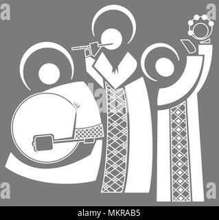 Three vector angels. angel with a drum and angel with a tambourine, angel with accordion. Laser-cut decoration. Stock Vector