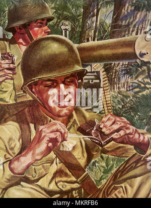 World War II Soldier unwraps Chocolate Stock Photo