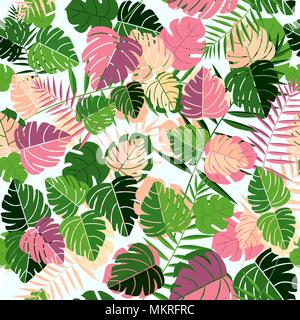 Tropical palm tree leaves seamless pattern background with hand drawn retro style jungle leaf decoration. EPS10 vector. Stock Vector