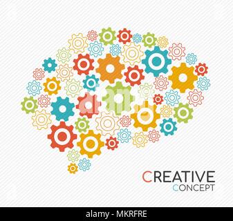 Creative thinking concept illustration of human brain with colorful gear wheels in modern outline style for creativity process. EPS10 vector. Stock Vector
