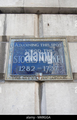 city of london blue plaque marking the site of the 1282 to 1737 stocks market Stock Photo