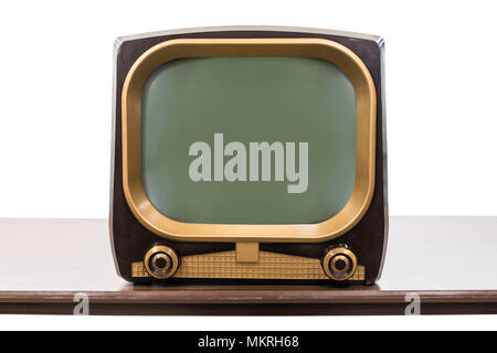 Vintage 1950s television on table isolated on white with clipping path. Stock Photo