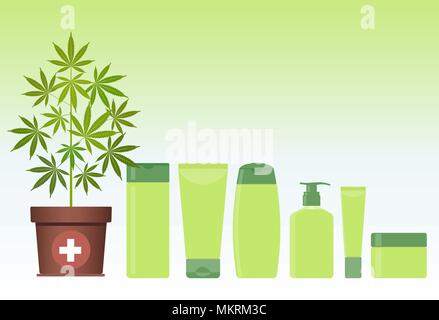 Marijuana or cannabis plant in pot with hemp cosmetic products. Cream, shampoo, soap, gel, lotion, balm. Natural ecological cosmetics. Medical cannabi Stock Vector