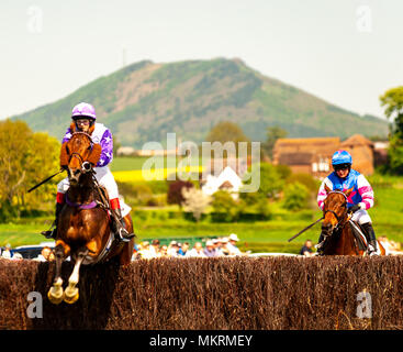 Horses jumping fence with Wrekin in the background Eyton on Severn Point to Point 7th May 2018 Stock Photo