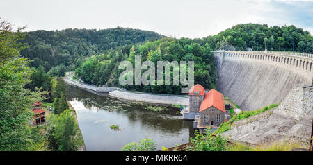 Water Dam by the Lesnianskie lake on the south of Poland. Bulit in 1901. Panorama. Stock Photo