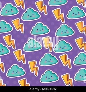 background of lightning and kawaii clouds pattern, colorful design.  vector illustration Stock Vector