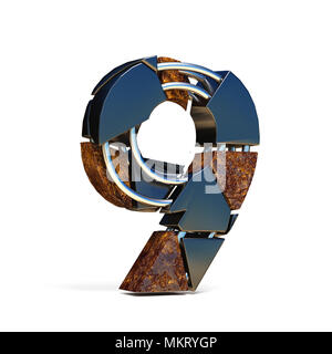Black brown fracture font number 9 NINE 3D rendering illustration isolated on white background Stock Photo