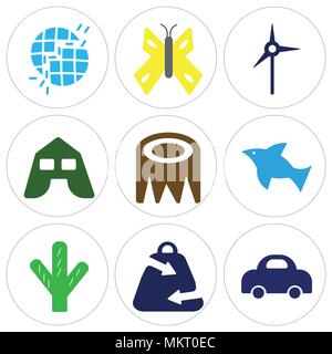 Set Of 9 simple editable icons such as Electric Car, Ecologic Shopping Bag, Big Cactus, Dolphin Jumping, Stump, Tent, Eolian Energy, Butterfly, Broken Stock Vector