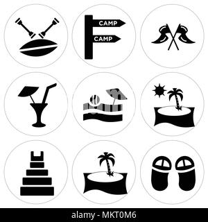 Set Of 9 simple editable icons such as Flip flops, Palm tree, Teotihuacan, Beach Sunset, View, Limonade with Drop, Two Flags, Camp, Canoe, can be used Stock Vector