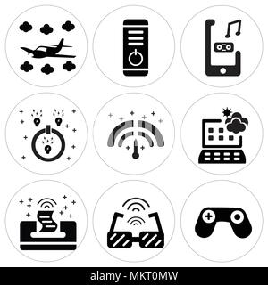 Set Of 9 simple editable icons such as Game, Smart glasses, Printer, Weather forecast, Meter, Power, Speaker, Power button, Airplane, can be used for  Stock Vector