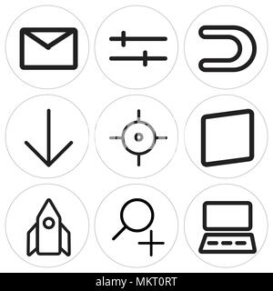 Set Of 9 simple editable icons such as Monitor, Zoom, Rocket launch, Smartphone, Target, Down arrow, Magnet, Settings, Envelope, can be used for mobil Stock Vector