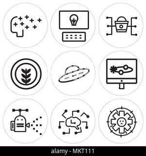 Set Of 9 simple editable icons such as Technical Support, Artificial intelligence, Robot, Laptop, Ufo, Plant, Marketing, can be used for mobile, web Stock Vector