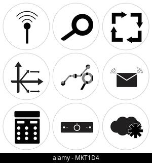 Set Of 9 simple editable icons such as Cloude, Power off, Calculator, Mail, Search analytic, Analytic arrow, Reload, Magnifier, Wi-Fi, can be used for Stock Vector