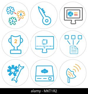 Set Of 9 simple editable icons such as Satellite dish, Server, Settings, Network, 3d, Trophy, Web de, Key, can be used for mobile, web Stock Vector