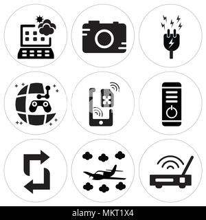 Set Of 9 simple editable icons such as Wifi, Airplane, Recycle, Power button, Sim, Game, Energy, Digital camera, Weather forecast, can be used for mob Stock Vector