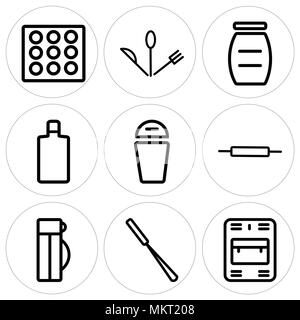 Set Of 9 simple editable icons such as Dishwasher, Peeler, Thermo, Rolling pin, Trash, Wine bottle, Jar, Cutlery, Ice cube tray, can be used for mobil Stock Vector