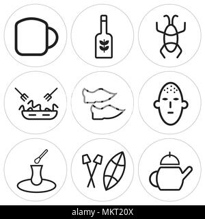 Set Of 9 simple editable icons such as Tea, Shield, Mask, Shoes, Pasta, Scarab, Beer, Sake, can be used for mobile, web Stock Vector