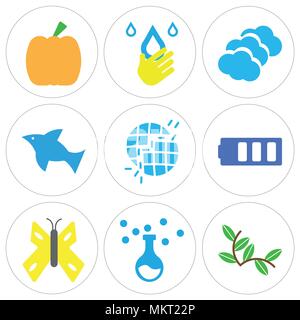 Set Of 9 simple editable icons such as Plant with Two Leaves, Chemistry Equipment, Big Butterfly, Bars Battery, Broken Earth, Dolphin Jumping, Three C Stock Vector