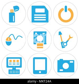 Set Of 9 simple editable icons such as Photo camera, Tablet, Laptop, Settings, Polaroid, Mouse, Power button, Diskette, Pendrive, can be used for mobi Stock Vector
