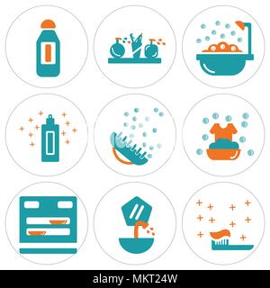 Set Of 9 simple editable icons such as Toothbrush, Sink, Dishwasher, Washing, Brush, Cream, Bathtub, Shelf, Bleach, can be used for mobile, web Stock Vector