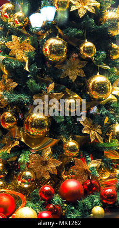 Closeup of Christmas ball from Christmas tree, Blurred of Decorated Christmas, blured lights in background Stock Photo