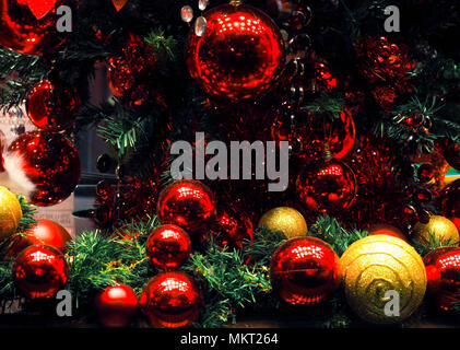 Closeup of Christmas ball from Christmas tree, Blurred of Decorated Christmas, blured lights in background Stock Photo