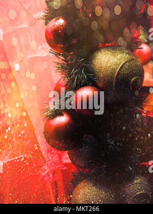 Closeup of Christmas ball from Christmas tree, Blurred of Decorated Christmas, blured lights in background Stock Photo