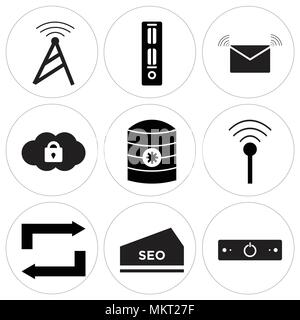 Set Of 9 simple editable icons such as Power off, seo, Download and upload, Wi-Fi, Server data setting, Cloude key, Mail, Folders, Tele, can be used f Stock Vector