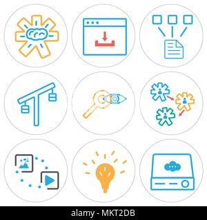 Set Of 9 simple editable icons such as Server, Idea, Multimedia option, Settings, Search, Balance, Network, Browser, Brain, can be used for mobile, we Stock Vector