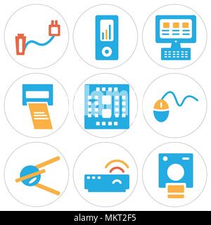 Set Of 9 simple editable icons such as Polaroid, Modem, Satellite, Mouse, Cpu, Printer, Laptop, Ipod, Plug, can be used for mobile, web Stock Vector