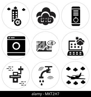 Set Of 9 simple editable icons such as Airplane, Water, Drone, Weather forecast, Piction, Washing machine, Power button, Connection, Disaster, can be  Stock Vector