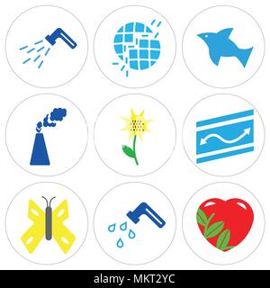 Set Of 9 simple editable icons such as Ecologic Love, Water Tap, Big Butterfly, Road Map Folded, Sunflower with Leaf, Industrial Plant, Dolphin Jumpin Stock Vector