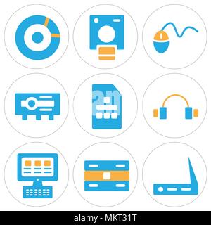 Set Of 9 simple editable icons such as Wifi, Server, Laptop, Headphones, Sim card, Projector, Mouse, Polaroid, Cd, can be used for mobile, web Stock Vector