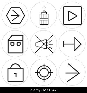Set Of 9 simple editable icons such as Right arrow, Web, Locked, Mute, Home, Play, Garbage, Youtube, can be used for mobile, web Stock Vector