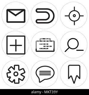 Set Of 9 simple editable icons such as Bookmark, Speech bubble, Settings, Zoom out, Padnote, Add, Target, Magnet, Envelope, can be used for mobile, we Stock Vector
