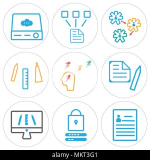 Set Of 9 simple editable icons such as Curriculum, Password, Monitor, Clipboard, Thinking, Creativity, Settings, Network, Server, can be used for mobi Stock Vector