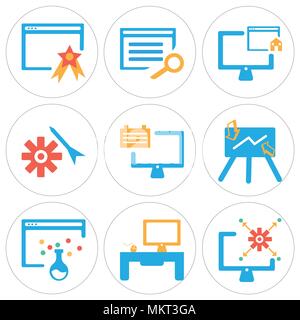 Set Of 9 simple editable icons such as Monitor, Personal computer, Browser, Presentation, Settings, Home, can be used for mobile, web Stock Vector