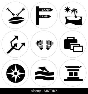 Set Of 9 simple editable icons such as Chinese temple, Sunset and Dolphin, Big Helm, Suitcase, Two Flippers, Small Trident, Beach Sunset, Camp, Canoe, Stock Vector