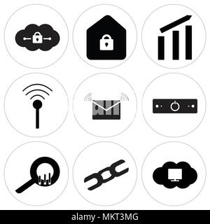 Set Of 9 simple editable icons such as Cloude on computer, Brocken link, Search statistic, Power off, Mail, Wi-Fi, Analytic, Home key, Cloude, can be  Stock Vector