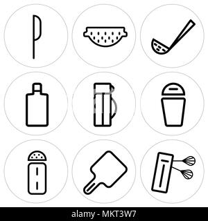 Set Of 9 simple editable icons such as Mixer, Kitchen board, Salt, Trash, Thermo, Wine bottle, Skimmer, Strainer, Knife, can be used for mobile, web Stock Vector